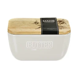 Bee Oak & Ceramic White Butter Dish