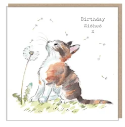 Cat with Dandelion "Birthday Wishes" Greetings Card